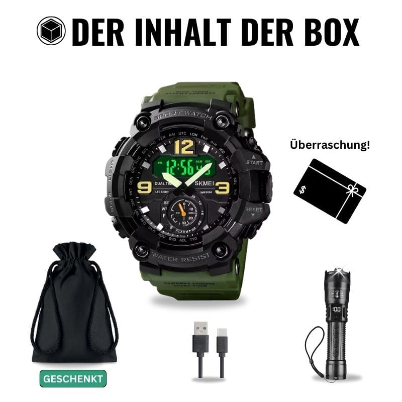 Robuste D-Shock Uhr bei Watchbutton mit stoßfestem Edelstahlgehäuse und kratzfestem Acrylglas für maximale Stabilität im Alltag