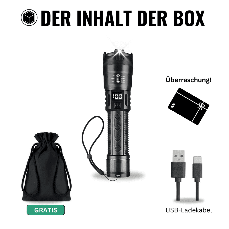 Watchbutton LED Taschenlampe – Frontansicht mit 2000 Lumen / Lichtstärke mit SOS-Lichtmodus für Notfälle