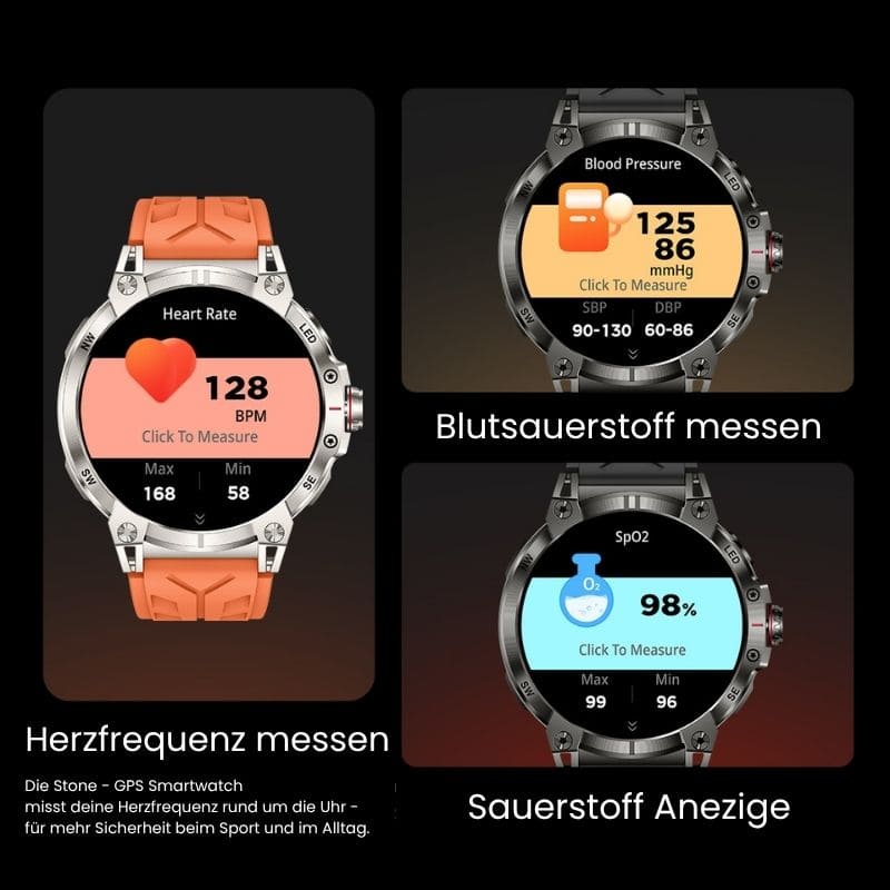 STONE – GPS SMARTWATCH®:
Extrem robuste Smartwatch mit großem 1,85" Display, integrierter GPS-Funktion, Anruffunktion sowie Benachrichtigungen von WhatsApp, Instagram und Facebook.
Mit bis zu 30 Tagen Akkulaufzeit, Weltuhr mit Wetteranzeige, SOS-Notruftaste, Kompass und Zyklus-Tracking – perfekt für Alltag, Abenteuer und Gesundheit.