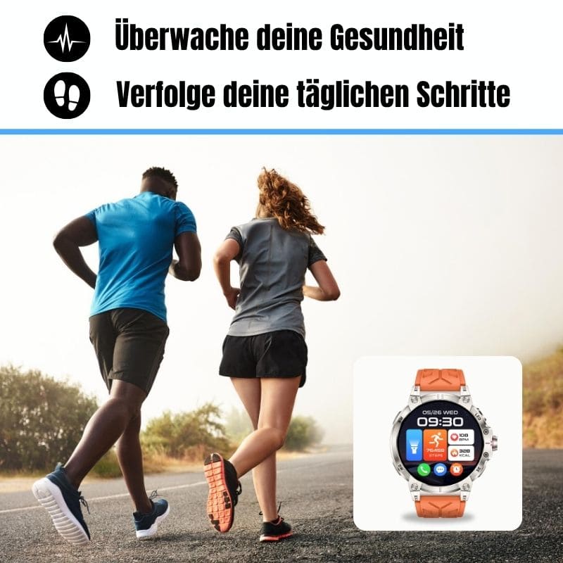 STONE – GPS SMARTWATCH®:
Extrem robuste Smartwatch mit großem 1,85" Display, integrierter GPS-Funktion, Anruffunktion sowie Benachrichtigungen von WhatsApp, Instagram und Facebook.
Mit bis zu 30 Tagen Akkulaufzeit, Weltuhr mit Wetteranzeige, SOS-Notruftaste, Kompass und Zyklus-Tracking – perfekt für Alltag, Abenteuer und Gesundheit.
