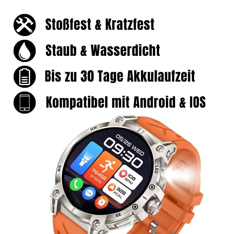 STONE – GPS SMARTWATCH®:
Extrem robuste Smartwatch mit großem 1,85" Display, integrierter GPS-Funktion, Anruffunktion sowie Benachrichtigungen von WhatsApp, Instagram und Facebook.
Mit bis zu 30 Tagen Akkulaufzeit, Weltuhr mit Wetteranzeige, SOS-Notruftaste, Kompass und Zyklus-Tracking – perfekt für Alltag, Abenteuer und Gesundheit.
