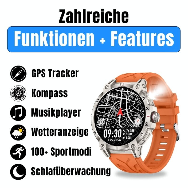 STONE – GPS SMARTWATCH®:
Extrem robuste Smartwatch mit großem 1,85" Display, integrierter GPS-Funktion, Anruffunktion sowie Benachrichtigungen von WhatsApp, Instagram und Facebook.
Mit bis zu 30 Tagen Akkulaufzeit, Weltuhr mit Wetteranzeige, SOS-Notruftaste, Kompass und Zyklus-Tracking – perfekt für Alltag, Abenteuer und Gesundheit.