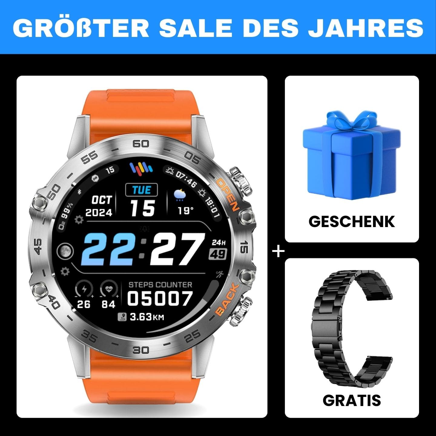 HYPER SMARTWATCH PRO® – alltagstaugliche Smartwatch mit Watchbutton, 14 Tagen Akkulaufzeit, Gesundheitsfunktionen, WhatsApp & Anrufen, robust & wasserfest, inkl. gratis Metall-Armband