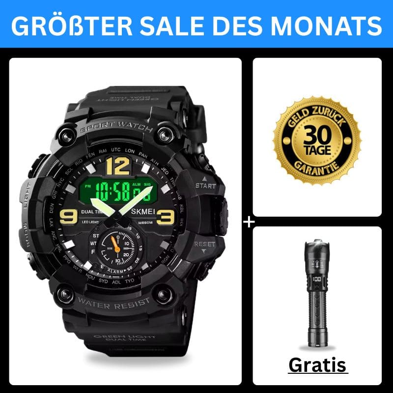 Robuste D-Shock Uhr bei Watchbutton mit stoßfestem Edelstahlgehäuse und kratzfestem Acrylglas für maximale Stabilität im Alltag