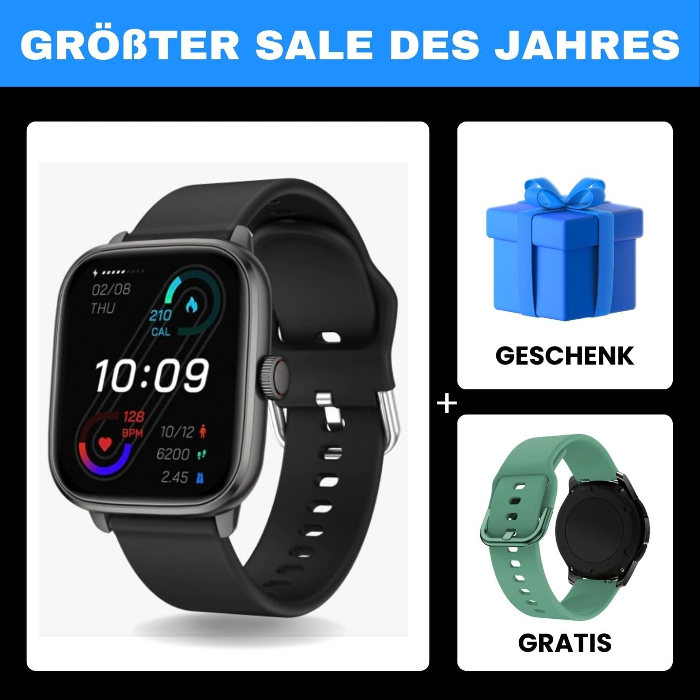 Die Dayno Smartwatch – dein smarter Fitness-Begleiter für den Alltag.
Mit Schrittzähler, Kalorien- und Herzfrequenz-Tracking, langer Akkulaufzeit und über 100 Sportmodi bleibst du aktiv und organisiert – jeden Tag!