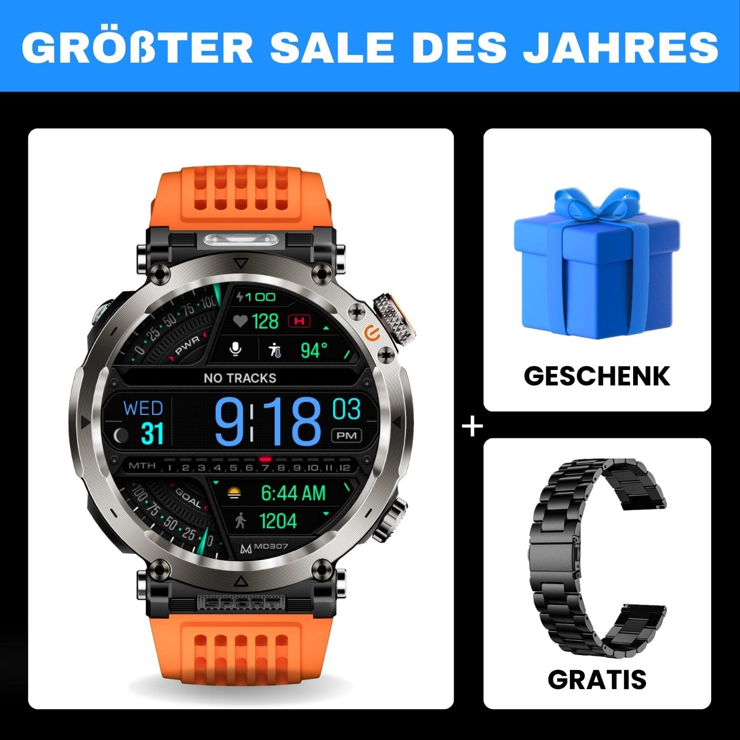 Stone Smartwatch® – extrem robuste Smartwatch mit Anruffunktion, WhatsApp-Benachrichtigungen, bis zu 21 Tagen Akkulaufzeit, Instagram- und Facebook-Benachrichtigungen, SOS-Notruftaste und integriertem Kompass.