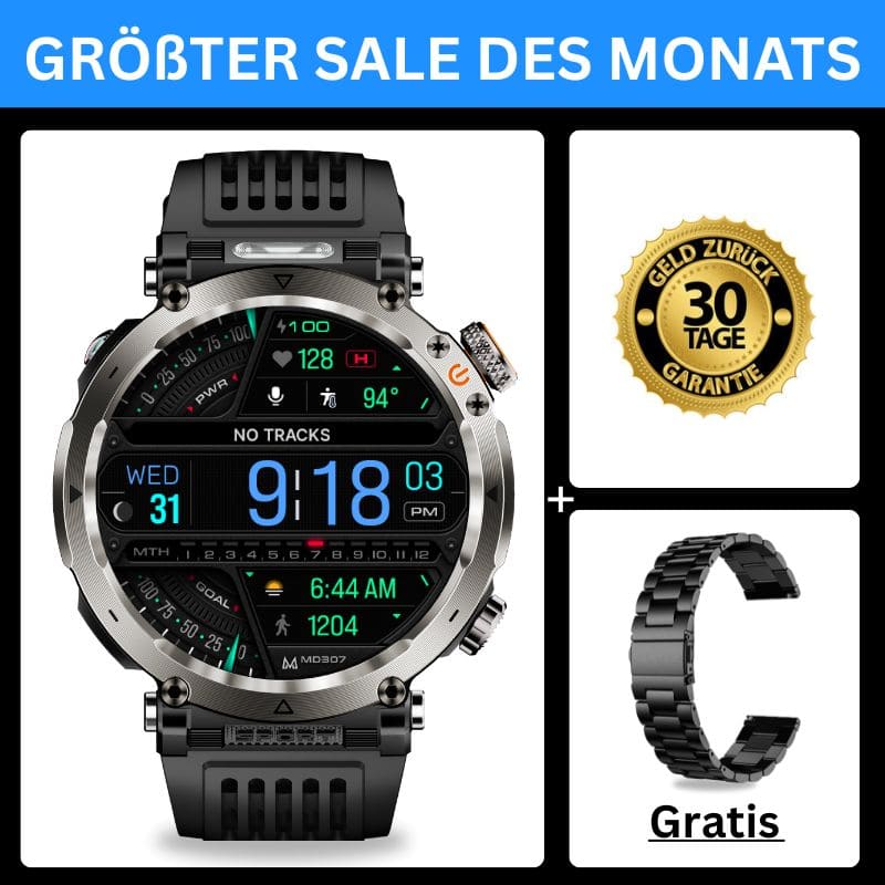 Stone Smartwatch® – extrem robuste Smartwatch mit Anruffunktion, WhatsApp-Benachrichtigungen, bis zu 21 Tagen Akkulaufzeit, Instagram- und Facebook-Benachrichtigungen, SOS-Notruftaste und integriertem Kompass.