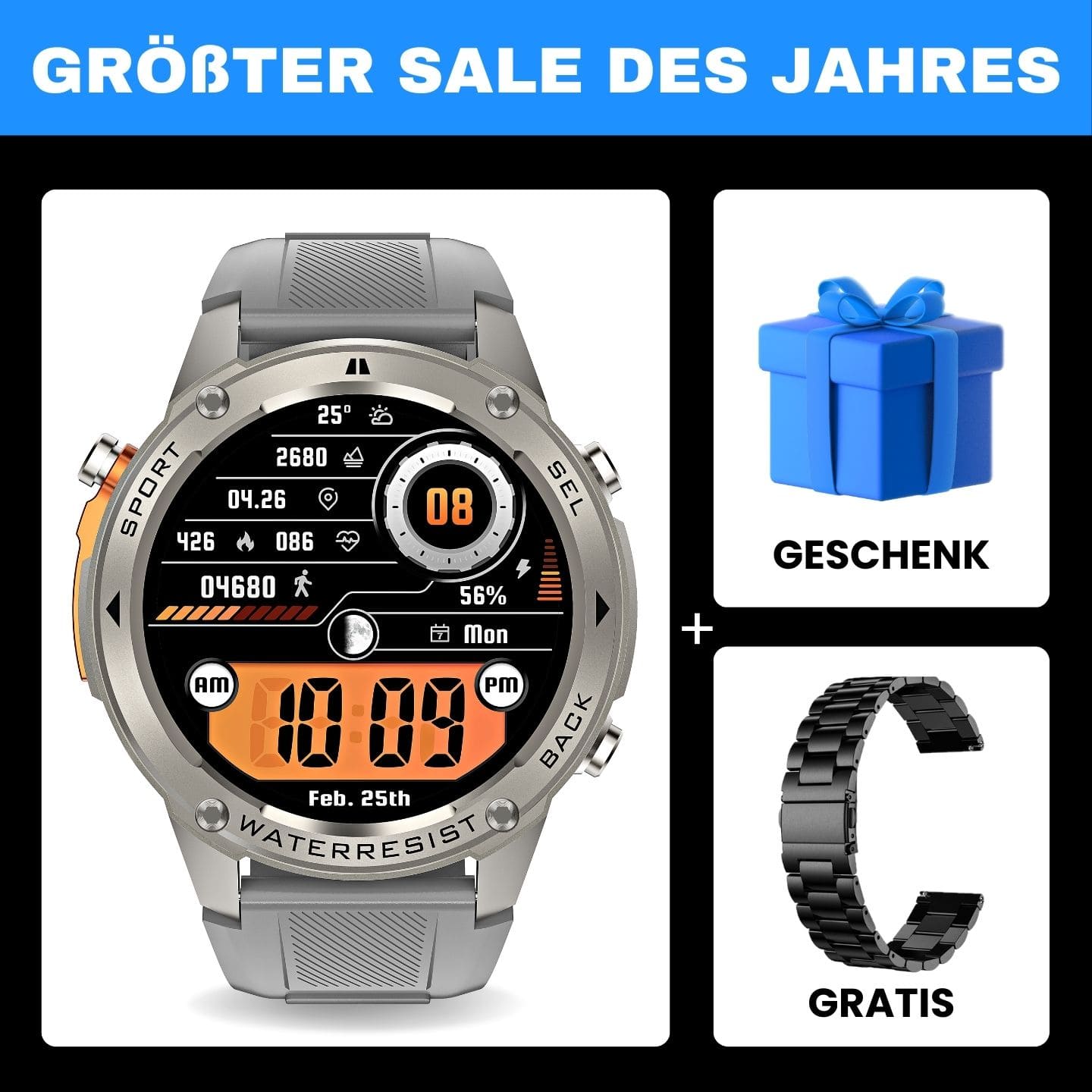 STONE – GPS SMARTWATCH®: Robuste High-End-Smartwatch mit 1,43" HD-Display, integrierter GPS-Funktion, Anruffunktion und Benachrichtigungen von WhatsApp, Instagram & Facebook. Bis zu 21 Tage Akkulaufzeit, Weltuhr, Wetteranzeige, SOS-Notruftaste, Kompass und Zyklus-Tracking – ideal für Alltag, Arbeit, Abenteuer und Gesundheit.