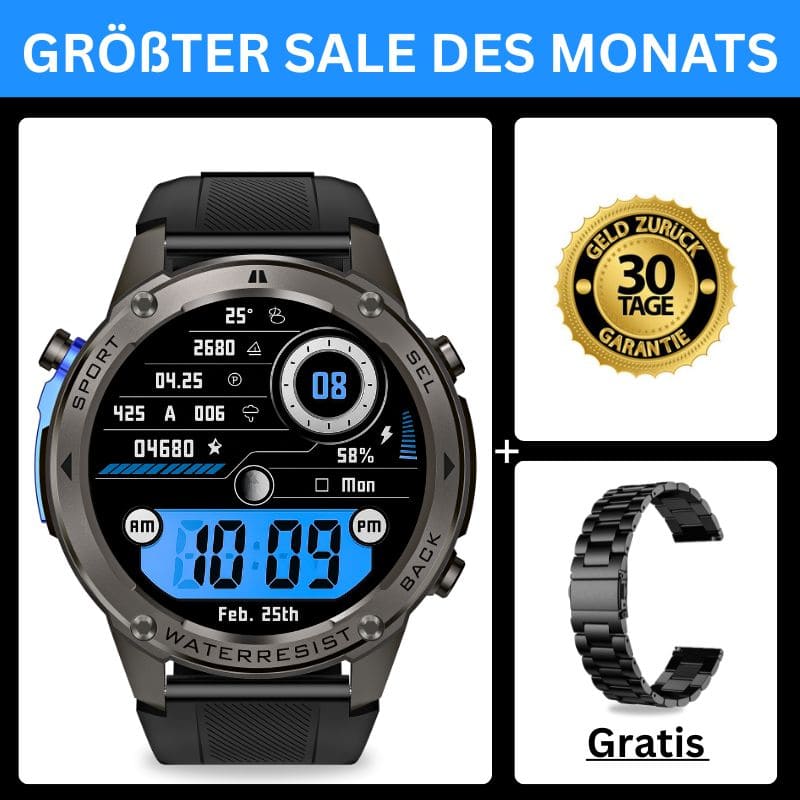 STONE – GPS SMARTWATCH®: Robuste High-End-Smartwatch mit 1,43" HD-Display, integrierter GPS-Funktion, Anruffunktion und Benachrichtigungen von WhatsApp, Instagram & Facebook. Bis zu 21 Tage Akkulaufzeit, Weltuhr, Wetteranzeige, SOS-Notruftaste, Kompass und Zyklus-Tracking – ideal für Alltag, Arbeit, Abenteuer und Gesundheit.