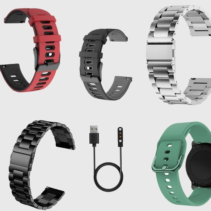 Hochwertiges Zubehör für Watchbutton Smartwatches, darunter Armbänder und Ladekabel für optimalen Komfort und Funktionalität.