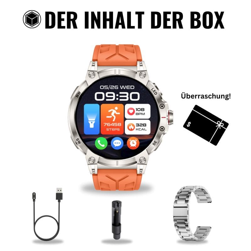 STONE – GPS SMARTWATCH®:
Extrem robuste Smartwatch mit großem 1,85" Display, integrierter GPS-Funktion, Anruffunktion sowie Benachrichtigungen von WhatsApp, Instagram und Facebook.
Mit bis zu 30 Tagen Akkulaufzeit, Weltuhr mit Wetteranzeige, SOS-Notruftaste, Kompass und Zyklus-Tracking – perfekt für Alltag, Abenteuer und Gesundheit.