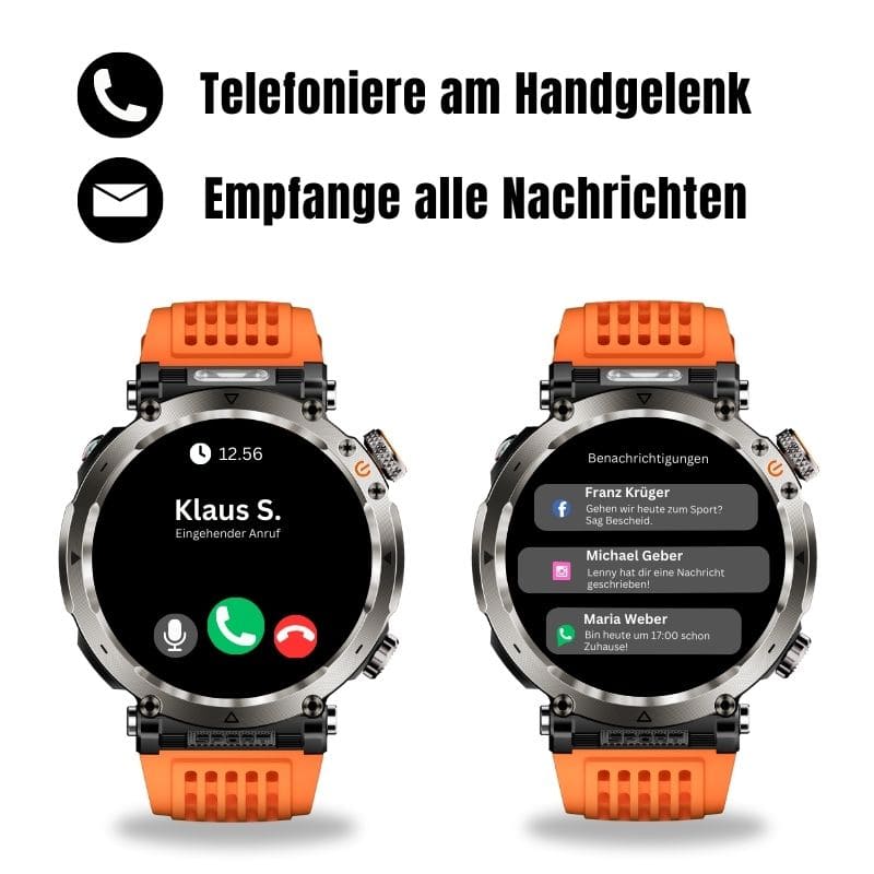 Stone Smartwatch® – extrem robuste Smartwatch mit Anruffunktion, WhatsApp-Benachrichtigungen, bis zu 21 Tagen Akkulaufzeit, Instagram- und Facebook-Benachrichtigungen, SOS-Notruftaste und integriertem Kompass.