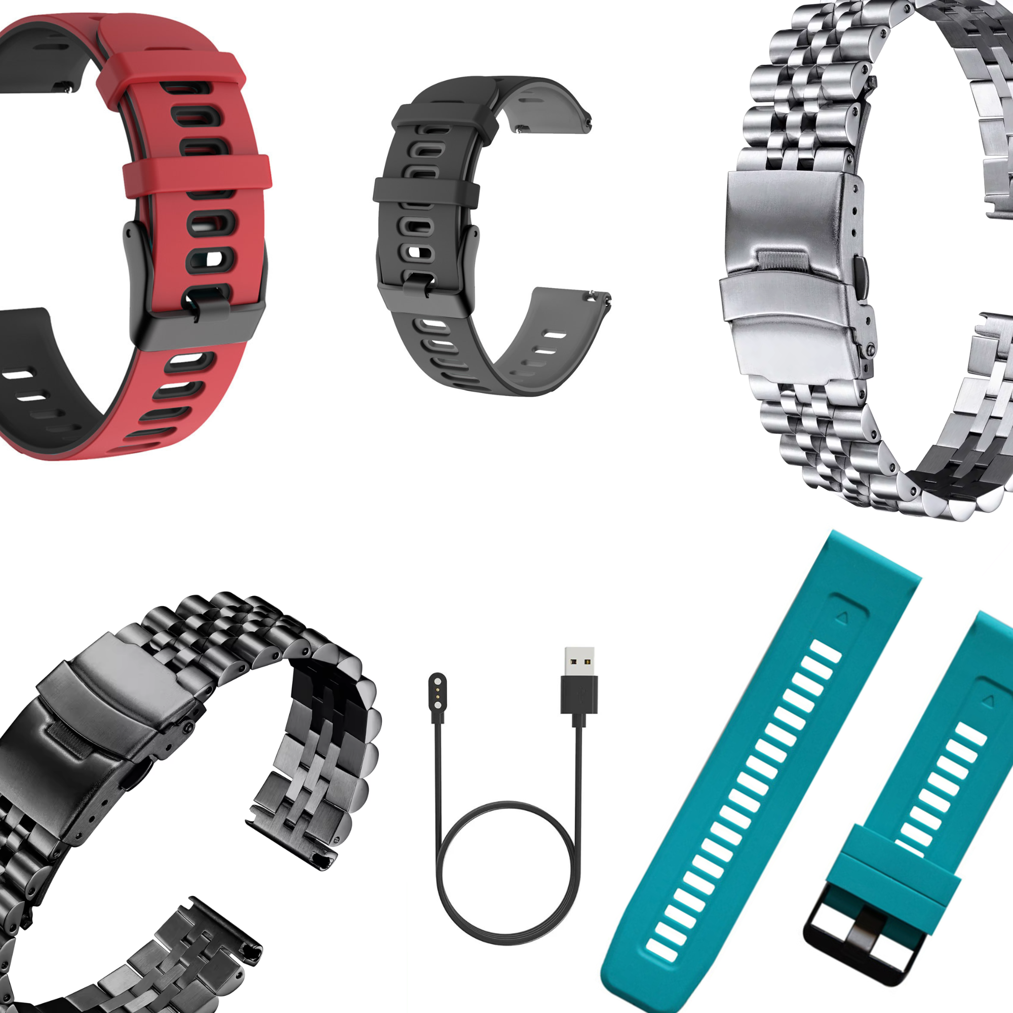 Hochwertiges Zubehör für Watchbutton Smartwatches, darunter Armbänder und Ladekabel für optimalen Komfort und Funktionalität.