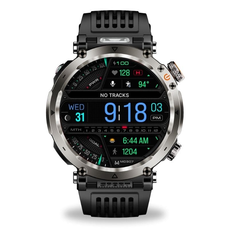 Die STONE Smartwatch mit schwarzem Armband, großem farbigen Display und robustem Gehäuse. Auf dem Bildschirm sind Uhrzeit, Schritte und Herzfrequenz sichtbar. Die Uhr liegt auf einem hellen Hintergrund und wirkt modern sowie funktional.