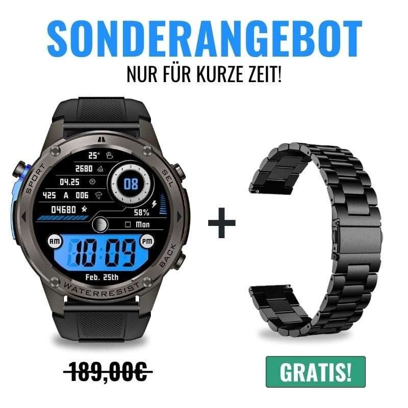 STONE – GPS SMARTWATCH®: Robuste High-End-Smartwatch mit 1,43" HD-Display, integrierter GPS-Funktion, Anruffunktion und Benachrichtigungen von WhatsApp, Instagram & Facebook. Bis zu 21 Tage Akkulaufzeit, Weltuhr, Wetteranzeige, SOS-Notruftaste, Kompass und Zyklus-Tracking – ideal für Alltag, Arbeit, Abenteuer und Gesundheit.