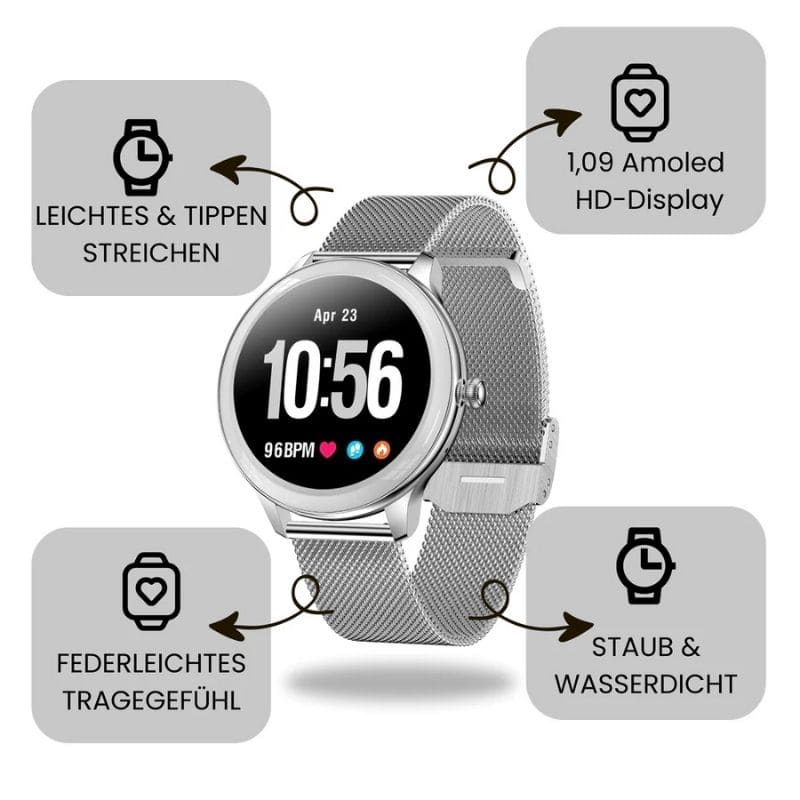 Alura Smartwatch in elegantem Metallgehäuse, dünn und leicht, ideal für Frauen, die Komfort und Stil schätzen.