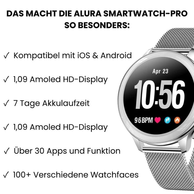 Alura Smartwatch in elegantem Metallgehäuse, dünn und leicht, ideal für Frauen, die Komfort und Stil schätzen.