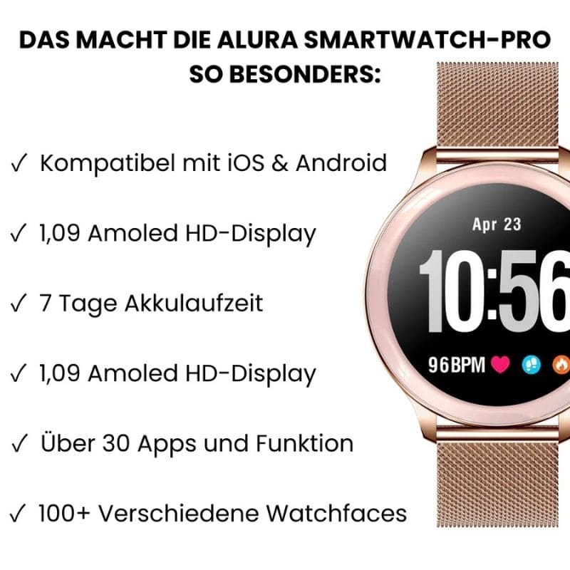 Alura Smartwatch in elegantem Metallgehäuse, dünn und leicht, ideal für Frauen, die Komfort und Stil schätzen.