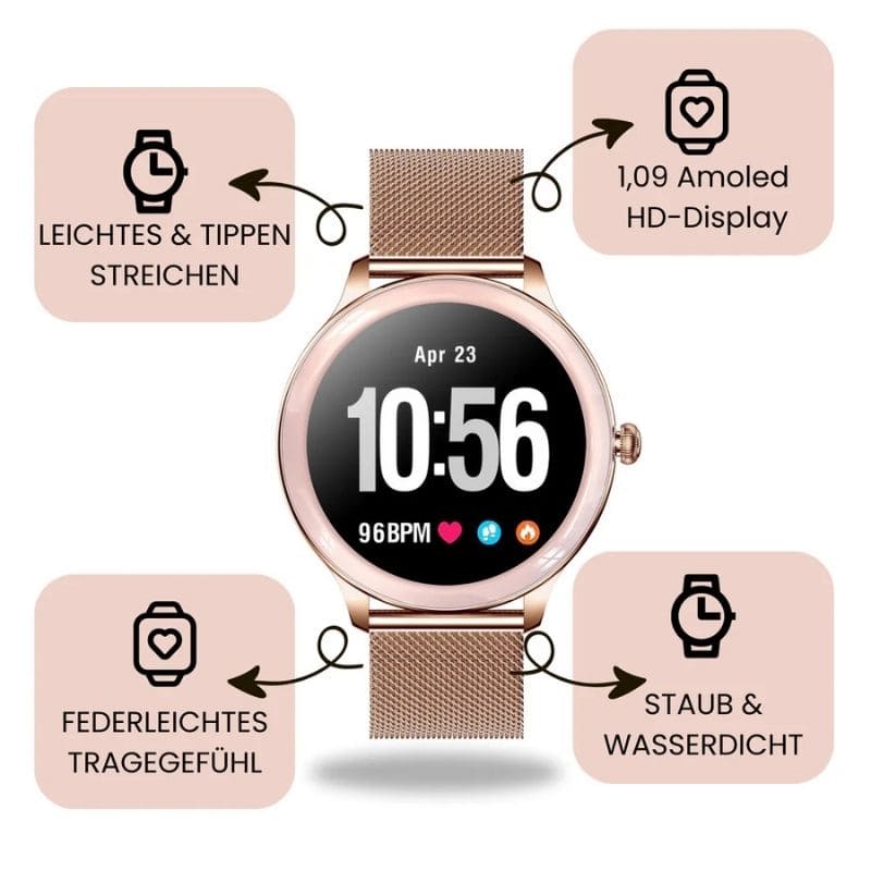 Alura Smartwatch in elegantem Metallgehäuse, dünn und leicht, ideal für Frauen, die Komfort und Stil schätzen.