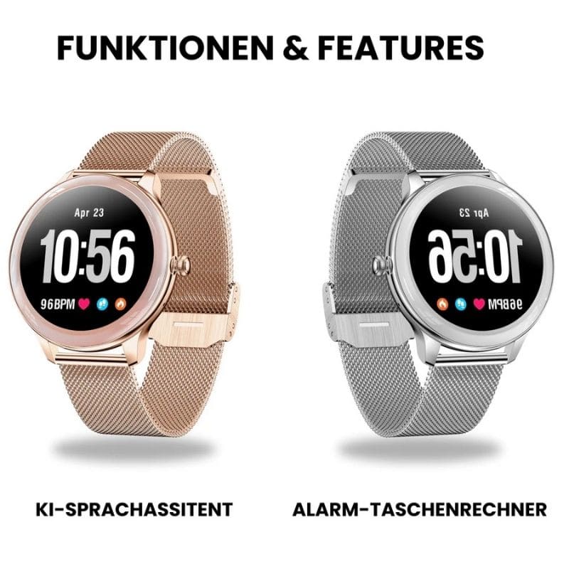 Alura Smartwatch in elegantem Metallgehäuse, dünn und leicht, ideal für Frauen, die Komfort und Stil schätzen.
