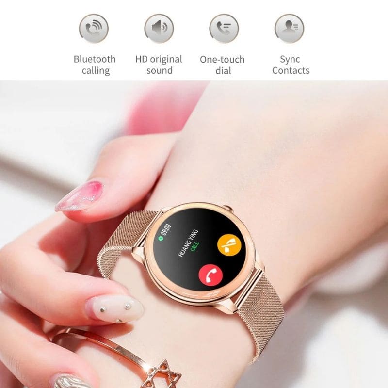 Alura Smartwatch in elegantem Metallgehäuse, dünn und leicht, ideal für Frauen, die Komfort und Stil schätzen.