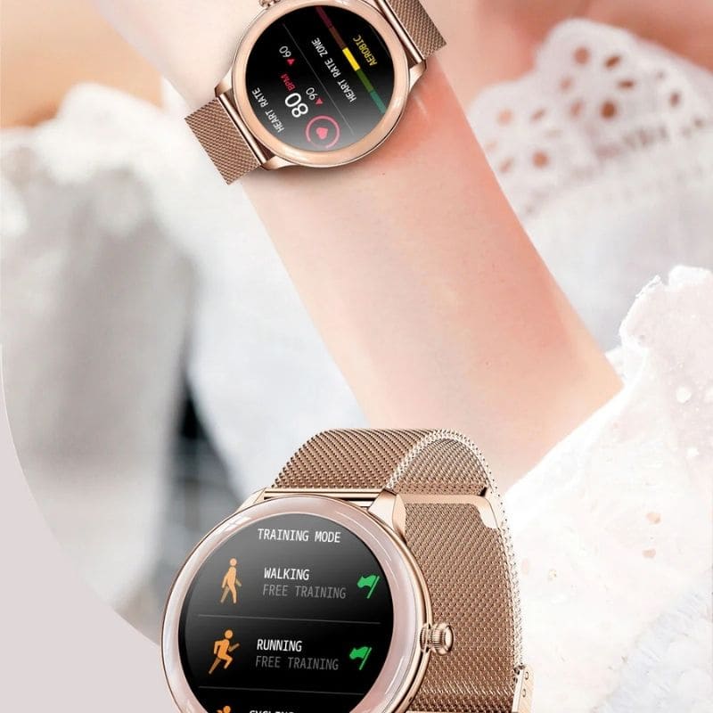 Alura Smartwatch in elegantem Metallgehäuse, dünn und leicht, ideal für Frauen, die Komfort und Stil schätzen.