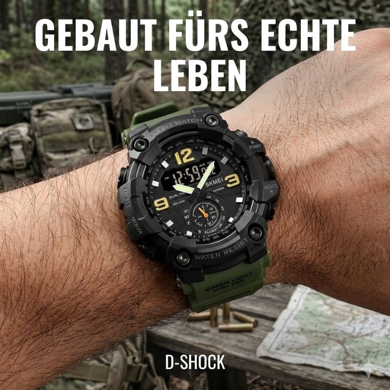 Robuste D-Shock Uhr bei Watchbutton mit stoßfestem Edelstahlgehäuse und kratzfestem Acrylglas für maximale Stabilität im Alltag