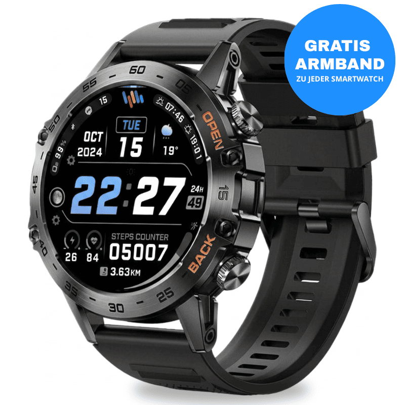 HYPER SMARTWATCH PRO® – alltagstaugliche Smartwatch mit Watchbutton, 14 Tagen Akkulaufzeit, Gesundheitsfunktionen, WhatsApp & Anrufen, robust & wasserfest, inkl. gratis Metall-Armband