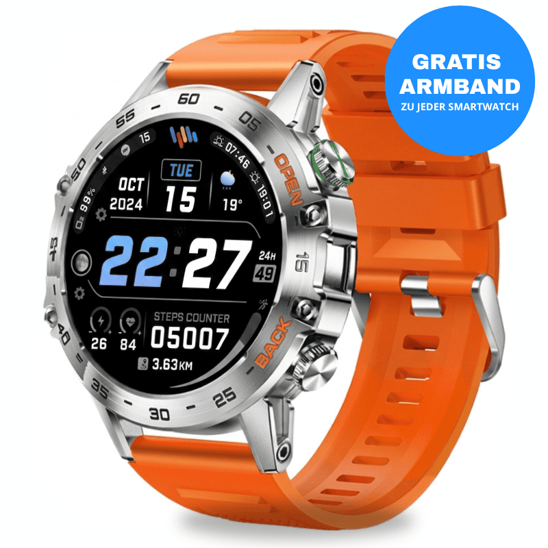 HYPER SMARTWATCH PRO® – alltagstaugliche Smartwatch mit Watchbutton, 14 Tagen Akkulaufzeit, Gesundheitsfunktionen, WhatsApp & Anrufen, robust & wasserfest, inkl. gratis Metall-Armband
