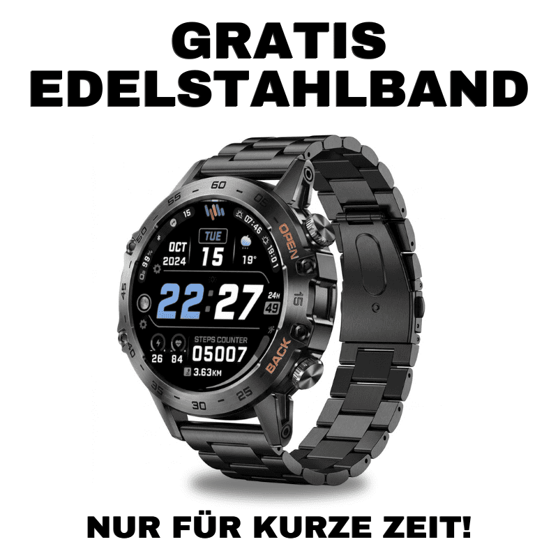 HYPER SMARTWATCH PRO® – alltagstaugliche Smartwatch mit Watchbutton, 14 Tagen Akkulaufzeit, Gesundheitsfunktionen, WhatsApp & Anrufen, robust & wasserfest, inkl. gratis Metall-Armband