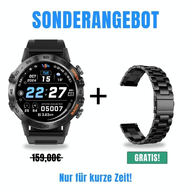 HYPER SMARTWATCH PRO® – alltagstaugliche Smartwatch mit Watchbutton, 14 Tagen Akkulaufzeit, Gesundheitsfunktionen, WhatsApp & Anrufen, robust & wasserfest, inkl. gratis Metall-Armband