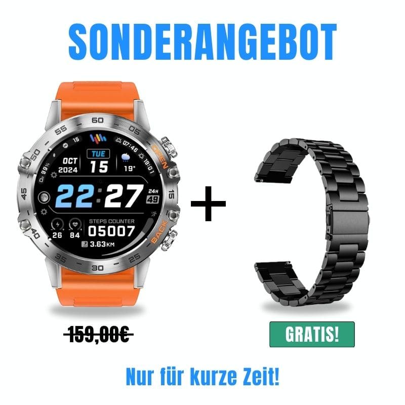 HYPER SMARTWATCH PRO® – alltagstaugliche Smartwatch mit Watchbutton, 14 Tagen Akkulaufzeit, Gesundheitsfunktionen, WhatsApp & Anrufen, robust & wasserfest, inkl. gratis Metall-Armband