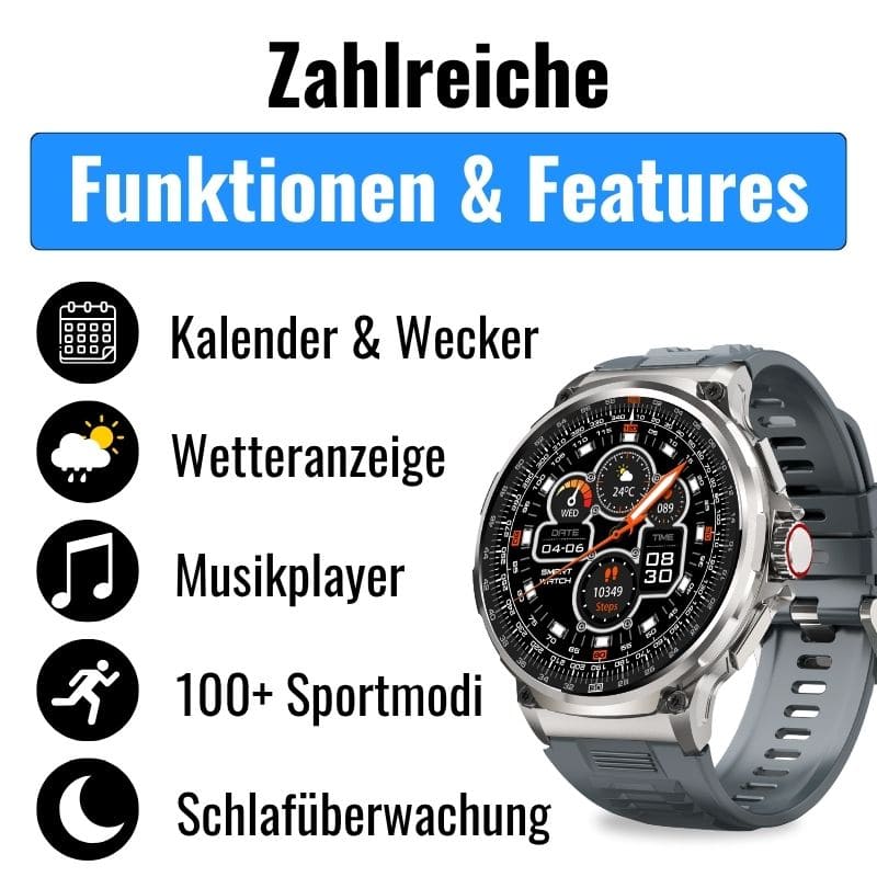 OREXON SMARTWATCH®: Robuste Männer-Smartwatch mit 1,85" HD-Full-Touchscreen, Bluetooth-Anrufen, Herzfrequenz-, Blutdruck- und Blutsauerstoff-Tracking. Integrierte Aktivitäts- und Multisport-Tracker, Schlaf- und Atemüberwachung, Kalorienzähler, Push-Benachrichtigungen von WhatsApp, Instagram & Co. Bis zu 30 Tage Akkulaufzeit, IP68 wasserdicht, LED-Taschenlampe, Musiksteuerung und Sprachassistent – ideal für Alltag, Arbeit, Outdoor-Abenteuer und Gesundheit.