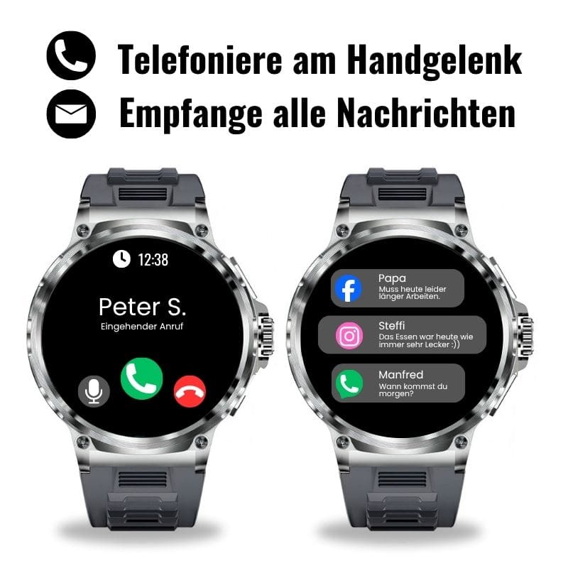 OREXON SMARTWATCH®: Robuste Männer-Smartwatch mit 1,85" HD-Full-Touchscreen, Bluetooth-Anrufen, Herzfrequenz-, Blutdruck- und Blutsauerstoff-Tracking. Integrierte Aktivitäts- und Multisport-Tracker, Schlaf- und Atemüberwachung, Kalorienzähler, Push-Benachrichtigungen von WhatsApp, Instagram & Co. Bis zu 30 Tage Akkulaufzeit, IP68 wasserdicht, LED-Taschenlampe, Musiksteuerung und Sprachassistent – ideal für Alltag, Arbeit, Outdoor-Abenteuer und Gesundheit.