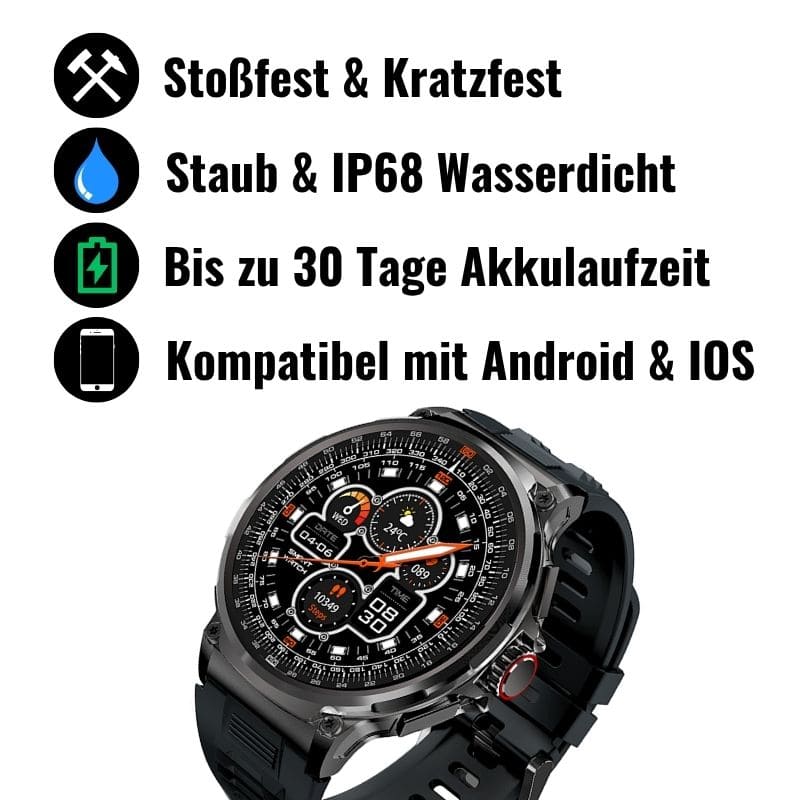 OREXON SMARTWATCH®: Robuste Männer-Smartwatch mit 1,85" HD-Full-Touchscreen, Bluetooth-Anrufen, Herzfrequenz-, Blutdruck- und Blutsauerstoff-Tracking. Integrierte Aktivitäts- und Multisport-Tracker, Schlaf- und Atemüberwachung, Kalorienzähler, Push-Benachrichtigungen von WhatsApp, Instagram & Co. Bis zu 30 Tage Akkulaufzeit, IP68 wasserdicht, LED-Taschenlampe, Musiksteuerung und Sprachassistent – ideal für Alltag, Arbeit, Outdoor-Abenteuer und Gesundheit.