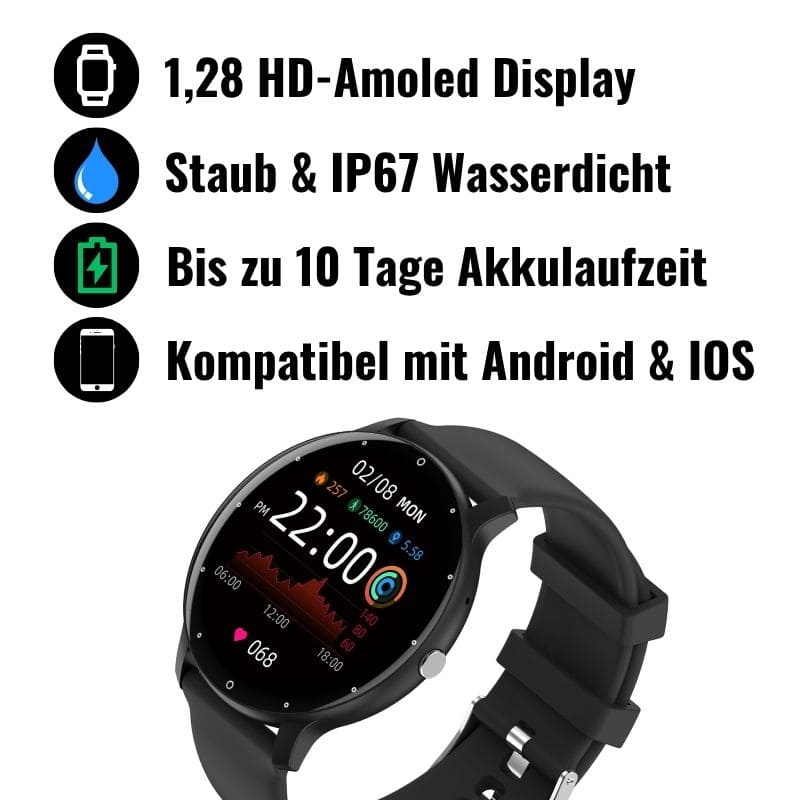 ONDORA – Fit Smartwatch für deinen Alltag
Bis zu 7 Tage Akkulaufzeit, Anrufe direkt über die Uhr, WhatsApp-Benachrichtigungen und smarte Gesundheitsfunktionen wie Schlafanalyse, Schrittzähler und Kalorienübersicht – alles, was du brauchst, an deinem Handgelenk.
Robust, alltagstauglich und geschützt vor Stößen, Staub und Wasser.