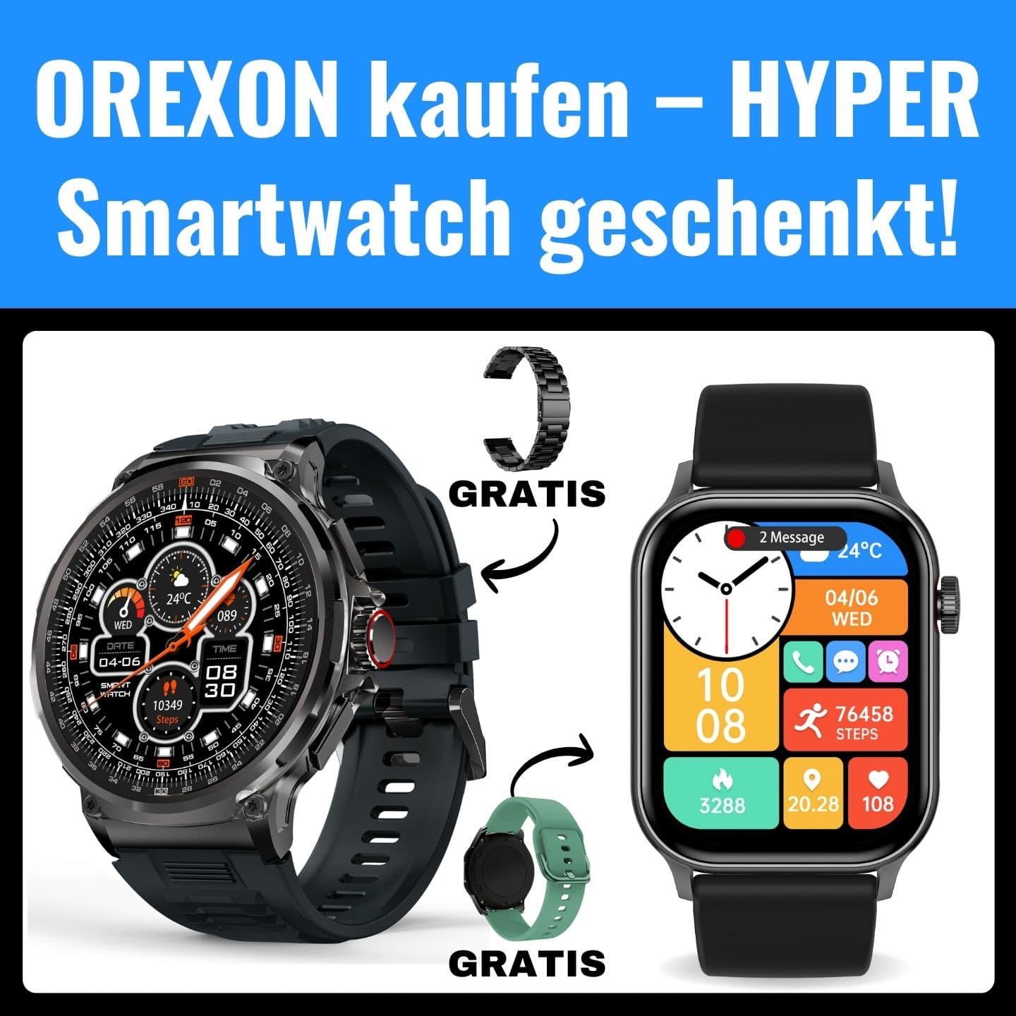 Orexon Smartwatch - Spar Set. 🔋 30+ Tage Akkulaufzeit – Power
📞 Anruffunktion – WhatsApp & Co.
💪 Kratzfest, stoßfest & wasserdicht
🏃‍♂️‍➡️ Gesundheitswerte im Blick behalten
🌎 5 Zeitzonen – perfekt für Reisen
⌚ Kompatibel mit Apple und Android