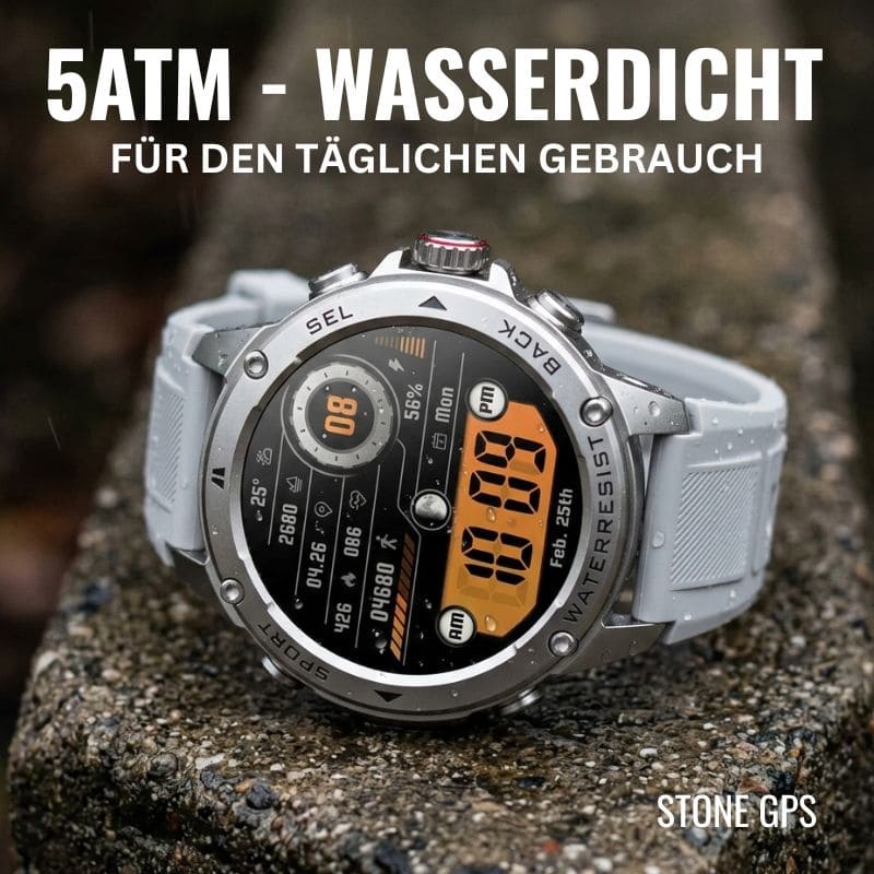 STONE – GPS SMARTWATCH®: Robuste High-End-Smartwatch mit 1,43" HD-Display, integrierter GPS-Funktion, Anruffunktion und Benachrichtigungen von WhatsApp, Instagram & Facebook. Bis zu 21 Tage Akkulaufzeit, Weltuhr, Wetteranzeige, SOS-Notruftaste, Kompass und Zyklus-Tracking – ideal für Alltag, Arbeit, Abenteuer und Gesundheit.