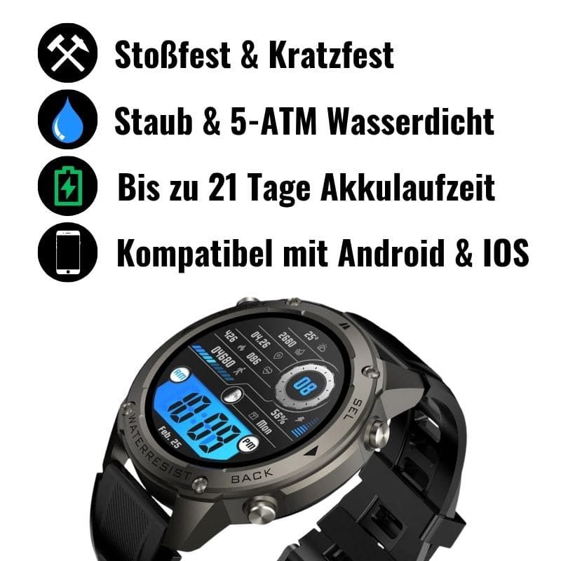 STONE – GPS SMARTWATCH®: Robuste High-End-Smartwatch mit 1,43" HD-Display, integrierter GPS-Funktion, Anruffunktion und Benachrichtigungen von WhatsApp, Instagram & Facebook. Bis zu 21 Tage Akkulaufzeit, Weltuhr, Wetteranzeige, SOS-Notruftaste, Kompass und Zyklus-Tracking – ideal für Alltag, Arbeit, Abenteuer und Gesundheit.