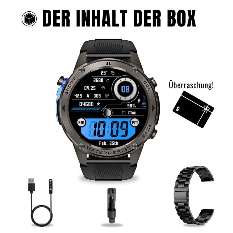 STONE – GPS SMARTWATCH®: Robuste High-End-Smartwatch mit 1,43" HD-Display, integrierter GPS-Funktion, Anruffunktion und Benachrichtigungen von WhatsApp, Instagram & Facebook. Bis zu 21 Tage Akkulaufzeit, Weltuhr, Wetteranzeige, SOS-Notruftaste, Kompass und Zyklus-Tracking – ideal für Alltag, Arbeit, Abenteuer und Gesundheit.