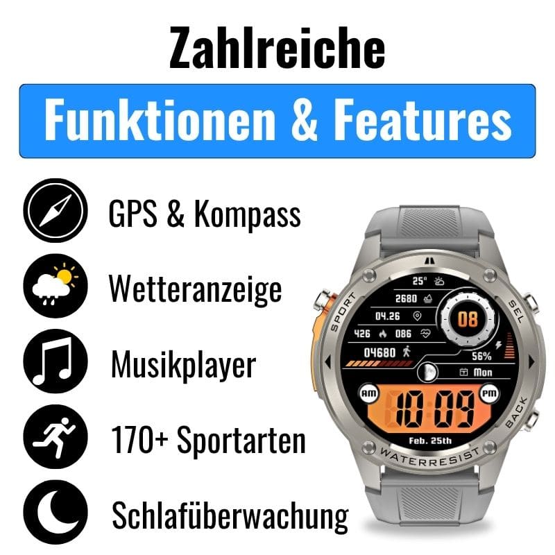 STONE – GPS SMARTWATCH®: Robuste High-End-Smartwatch mit 1,43" HD-Display, integrierter GPS-Funktion, Anruffunktion und Benachrichtigungen von WhatsApp, Instagram & Facebook. Bis zu 21 Tage Akkulaufzeit, Weltuhr, Wetteranzeige, SOS-Notruftaste, Kompass und Zyklus-Tracking – ideal für Alltag, Arbeit, Abenteuer und Gesundheit.
