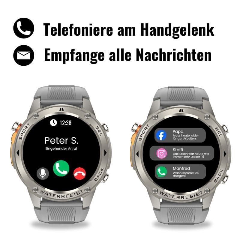 STONE – GPS SMARTWATCH®: Robuste High-End-Smartwatch mit 1,43" HD-Display, integrierter GPS-Funktion, Anruffunktion und Benachrichtigungen von WhatsApp, Instagram & Facebook. Bis zu 21 Tage Akkulaufzeit, Weltuhr, Wetteranzeige, SOS-Notruftaste, Kompass und Zyklus-Tracking – ideal für Alltag, Arbeit, Abenteuer und Gesundheit.