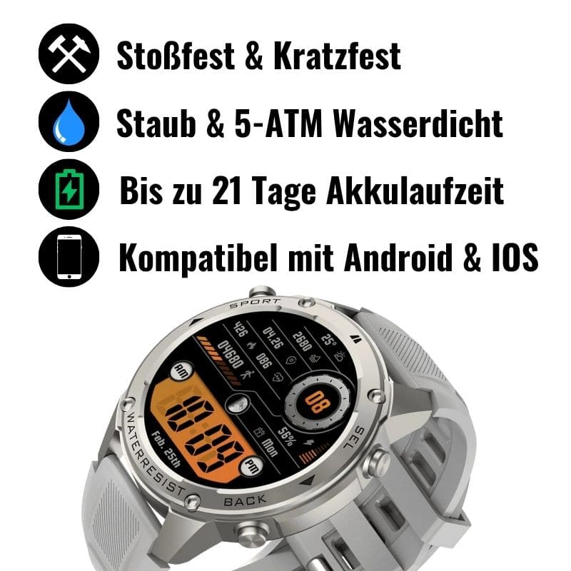 STONE – GPS SMARTWATCH®: Robuste High-End-Smartwatch mit 1,43" HD-Display, integrierter GPS-Funktion, Anruffunktion und Benachrichtigungen von WhatsApp, Instagram & Facebook. Bis zu 21 Tage Akkulaufzeit, Weltuhr, Wetteranzeige, SOS-Notruftaste, Kompass und Zyklus-Tracking – ideal für Alltag, Arbeit, Abenteuer und Gesundheit.
