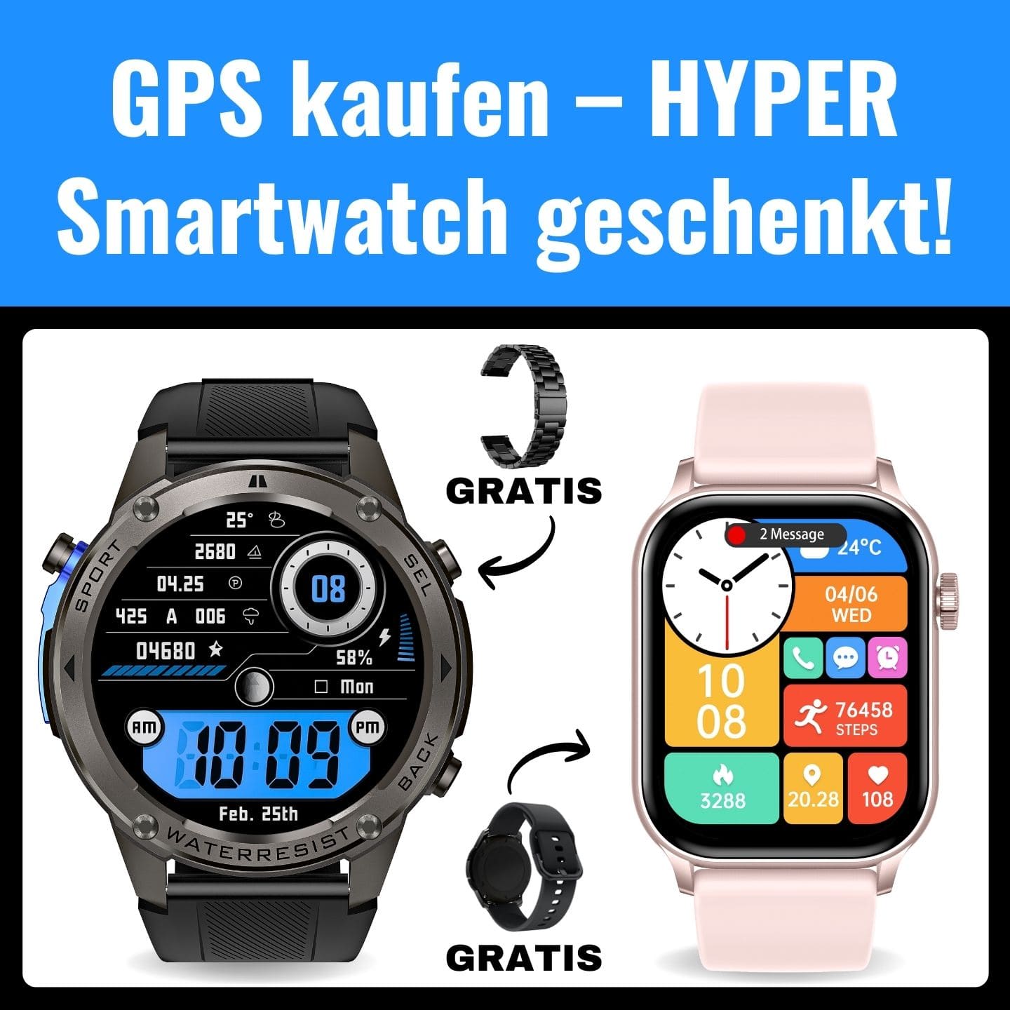 STONE – GPS SMARTWATCH® Spar-Set:
Extrem robuste Smartwatch mit großem 1,85" Display, integrierter GPS-Funktion, Anruffunktion sowie Benachrichtigungen von WhatsApp, Instagram und Facebook.
Mit bis zu 30 Tagen Akkulaufzeit, Weltuhr mit Wetteranzeige, SOS-Notruftaste, Kompass und Zyklus-Tracking – perfekt für Alltag, Abenteuer und Gesundheit.