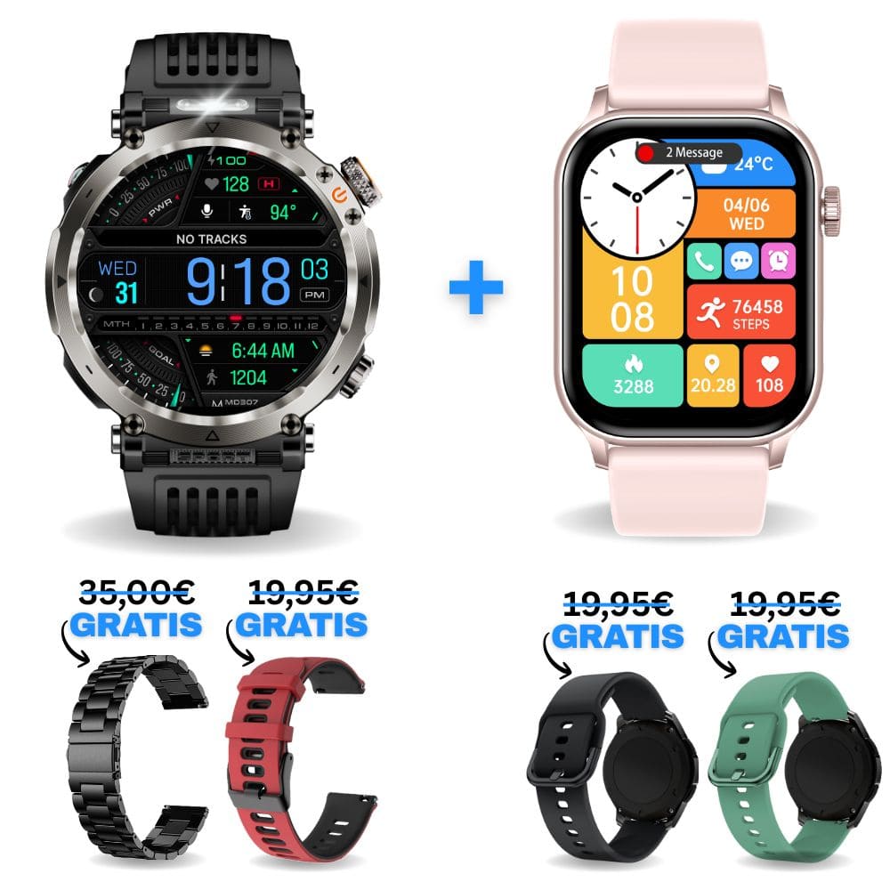 STONE & HYPER PREMIUM® Pärchen-Set: Die extrem robuste Stone Smartwatch in Schwarz und die elegante Hyper Premium in Rosa inklusive 4 gratis Wechselarmbändern. Funktionen: 21 Tage Akku, Anruffunktion, WhatsApp & SOS-Notruf.