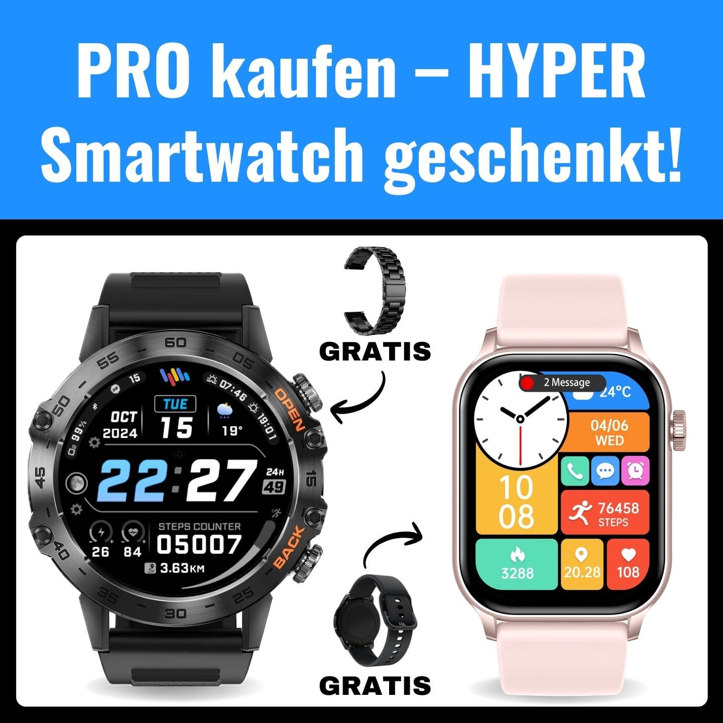 Spar-Set Hyper Smartwatch Pro® Fitness-Smartwatch für den Alltag mit Schritt-, Kalorien- und Herzfrequenz-Tracking, langer Akkulaufzeit und über 100 Sportmodi.