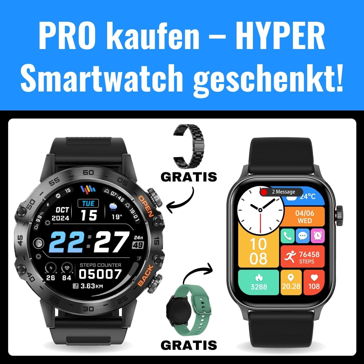 Spar-Set Hyper Smartwatch Pro® Fitness-Smartwatch für den Alltag mit Schritt-, Kalorien- und Herzfrequenz-Tracking, langer Akkulaufzeit und über 100 Sportmodi.