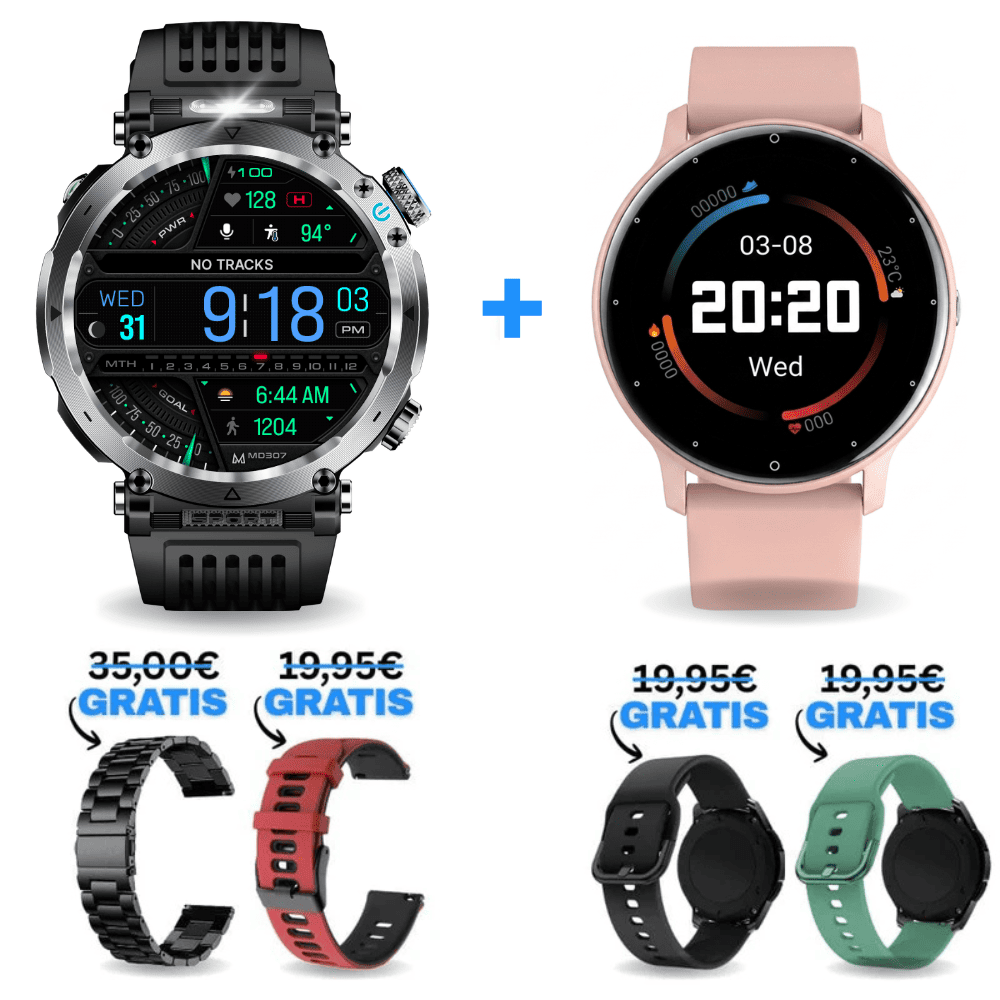 STONE & ONDORA-FIT® Pärchen-Set: Die extrem robuste Stone Smartwatch in Schwarz und die elegante Hyper Premium in Rosa inklusive 4 gratis Wechselarmbändern. Funktionen: 21 Tage Akku, Anruffunktion, WhatsApp & SOS-Notruf.