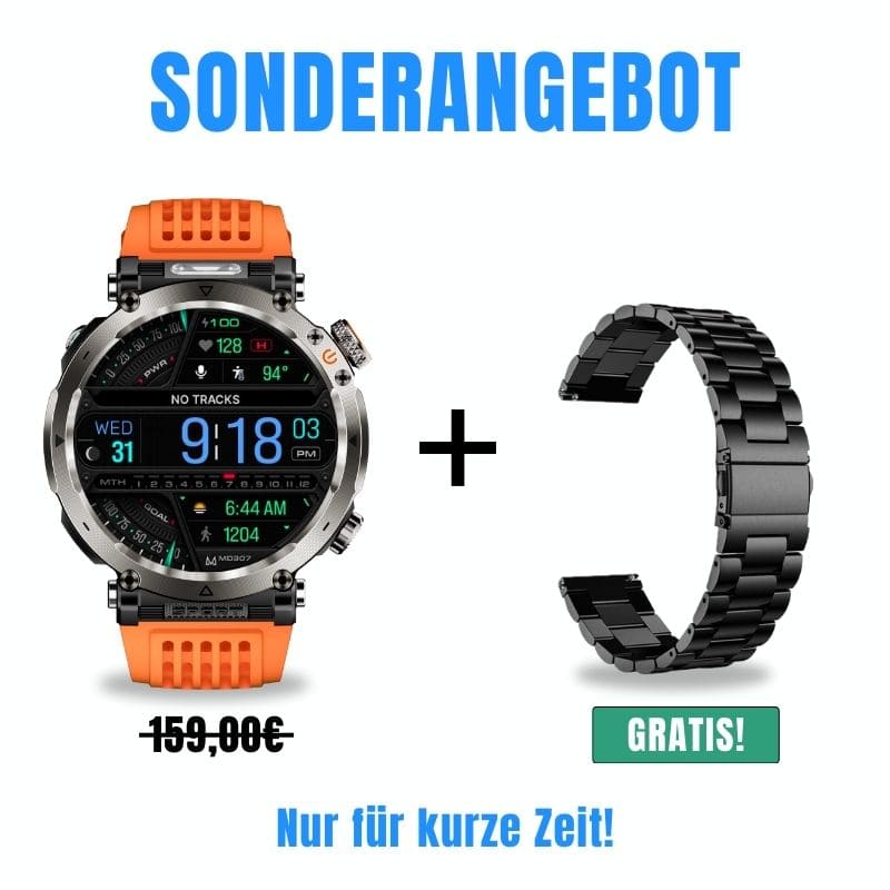 Stone Smartwatch® – extrem robuste Smartwatch mit Anruffunktion, WhatsApp-Benachrichtigungen, bis zu 21 Tagen Akkulaufzeit, Instagram- und Facebook-Benachrichtigungen, SOS-Notruftaste und integriertem Kompass.