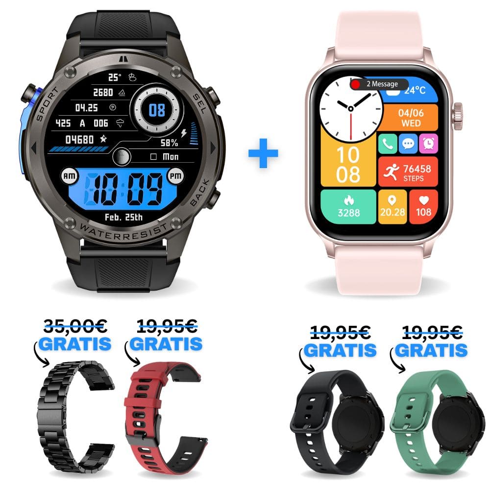 Stone GPS & Hyper Premium® (DAS PÄRCHEN-SET):
Extrem robuste Smartwatch mit großem 1,85" Display, integrierter GPS-Funktion, Anruffunktion sowie Benachrichtigungen von WhatsApp, Instagram und Facebook.
Mit bis zu 30 Tagen Akkulaufzeit, Weltuhr mit Wetteranzeige, SOS-Notruftaste, Kompass und Zyklus-Tracking – perfekt für Alltag, Abenteuer und Gesundheit.